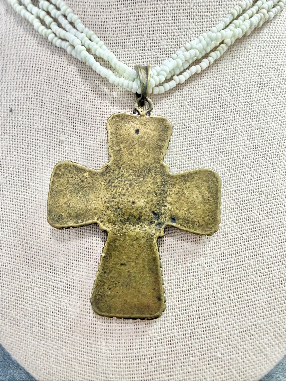 Vintage Large Cross Necklace Blueish Enamel Green Seed Beaded Brass Tone - Picture 4 of 5